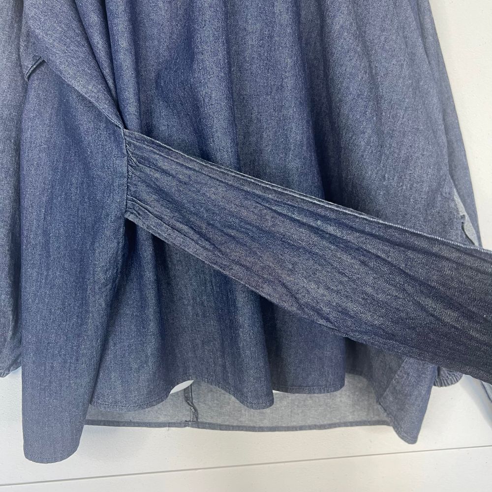Eloquii Denim-Look Tie-Waist Peasant Blouse in Dark Blue - Picture 11 of 14